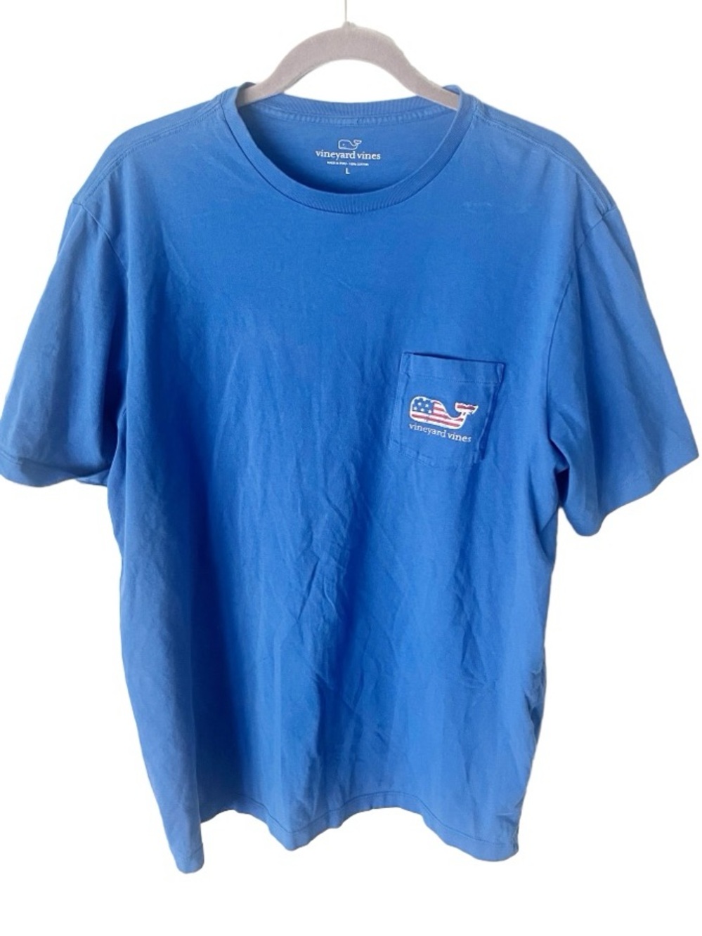 Vineyard Vines Royal Blue Pocket Tee Whale American Flag Size Large 100% Cotton